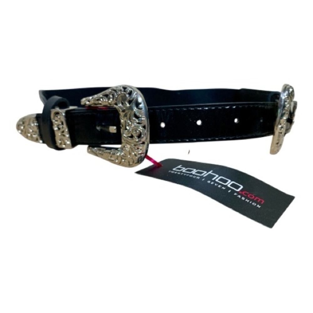 NWT Boohoo Black Belt with Ornate Silver Buckle